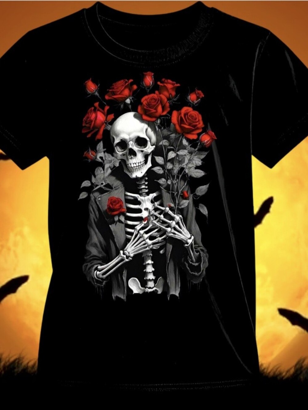 Gothic Skeleton Red Roses Graphic Tee Hand Crystals
